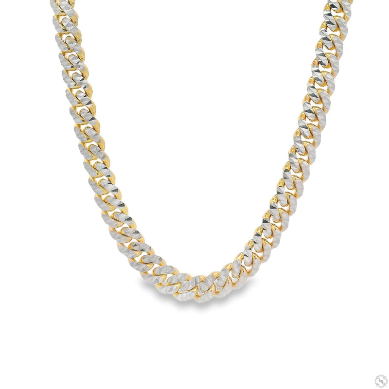 14k two-tone gold diamond cut Miami Cuban link chain – alternating yellow and white gold faceted links, flat lay