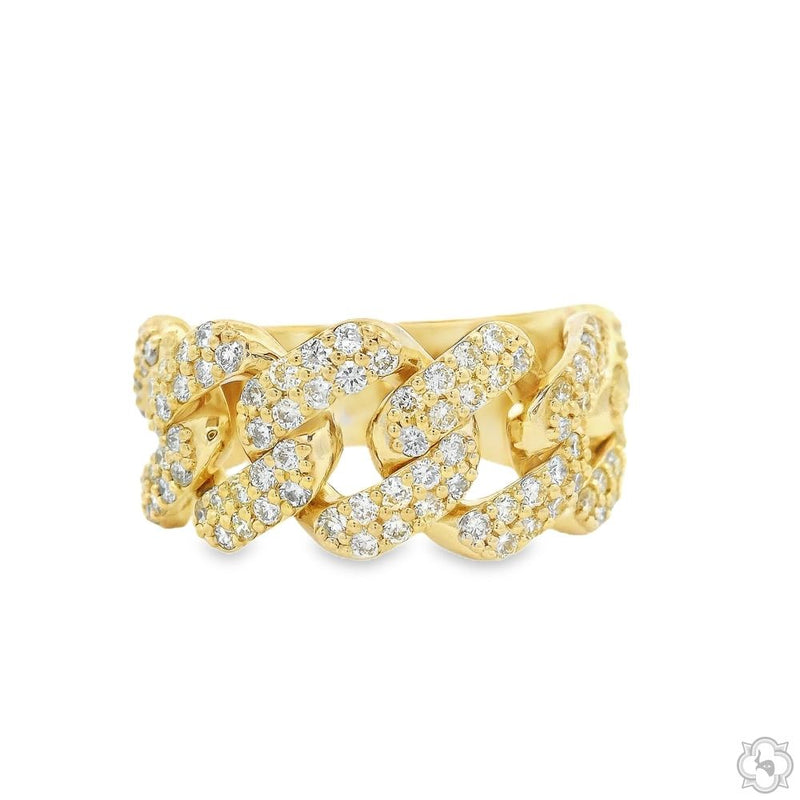 Men's Cuban link ring in yellow gold set with natural diamonds across the interlocking face
