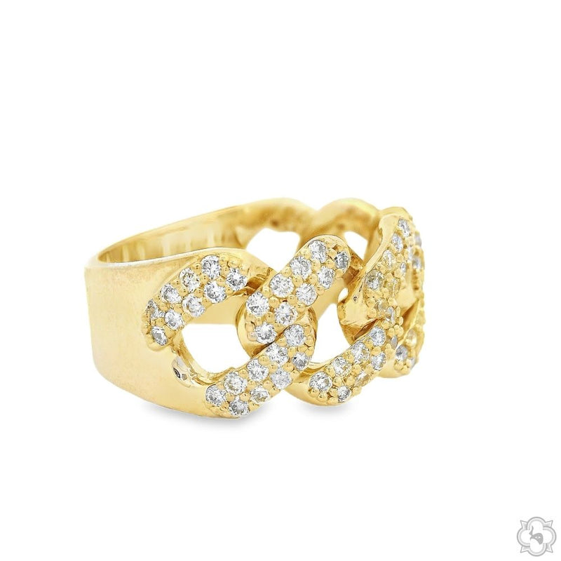 Yellow gold Cuban link ring with pavé diamond accents, bold mens style