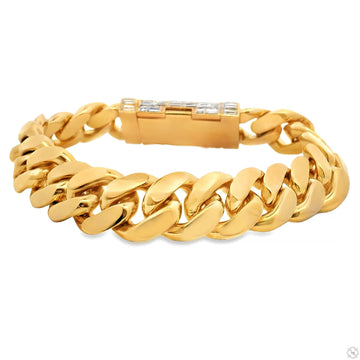 Custom baguette diamond Miami Cuban link bracelet with diamond lock clasp – top-down view showing invisible set stones