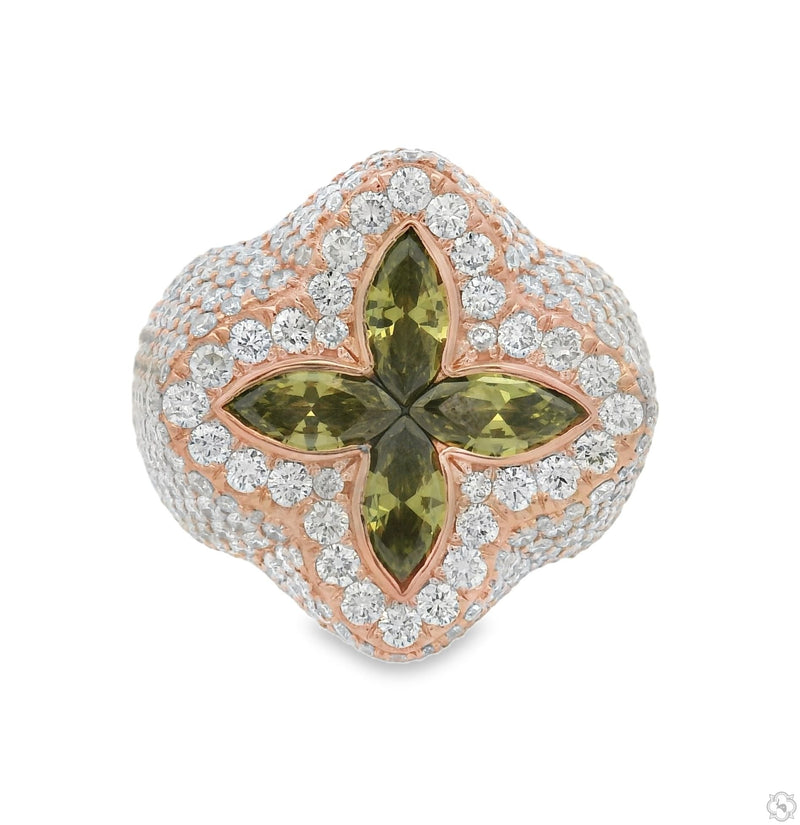 Men's green quartz crystal diamond ring with layered iceberg silhouette – front three-quarter view