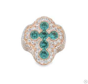 Men's diamond ring with hexagonal teal quartz crystal center stone and pavé diamond surround – top-down angle