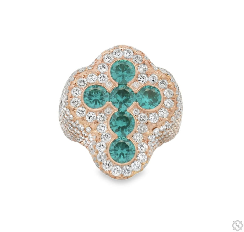 Men's diamond ring with hexagonal teal quartz crystal center stone and pavé diamond surround – top-down angle
