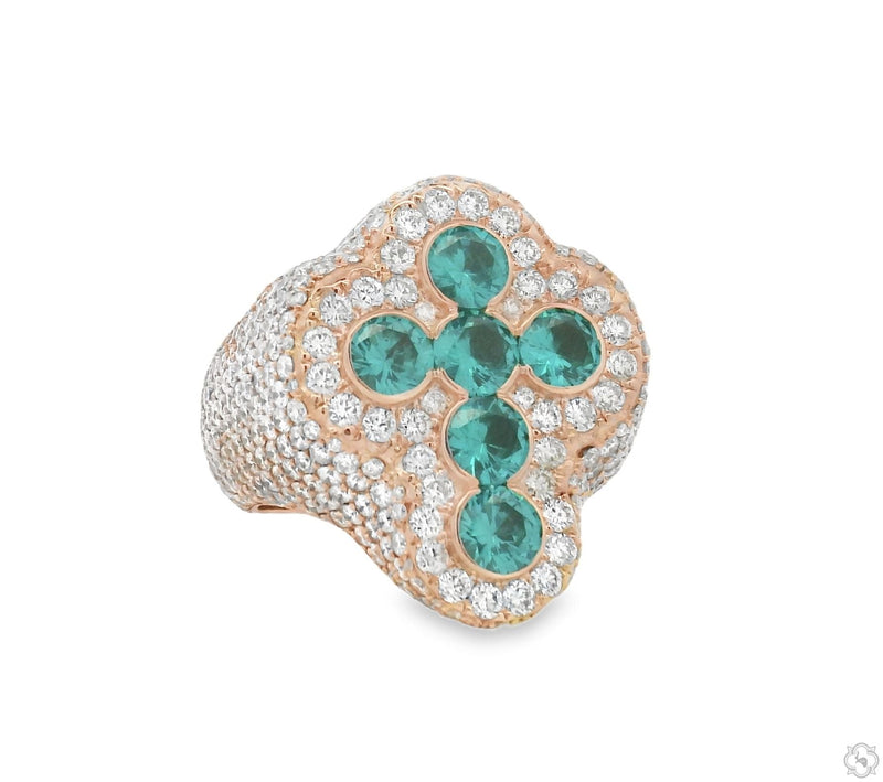 Rose gold ring with teal quartz cross and surrounding round diamonds