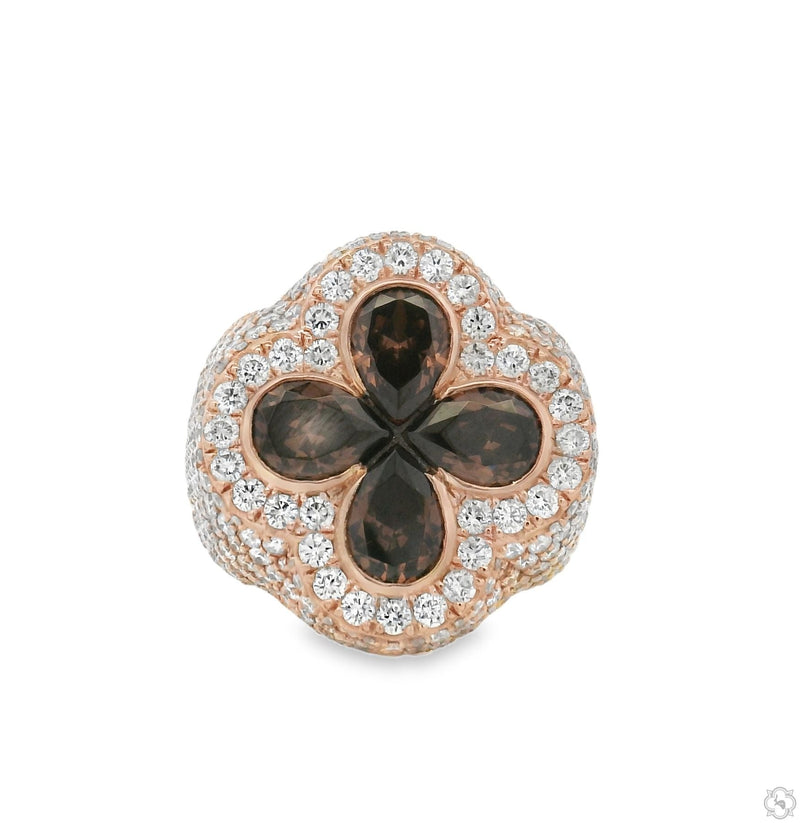 10K Rose Gold Iceberg Midnight Ember Quartz Crystals 7.4 Ctw Diamond Ring, front view