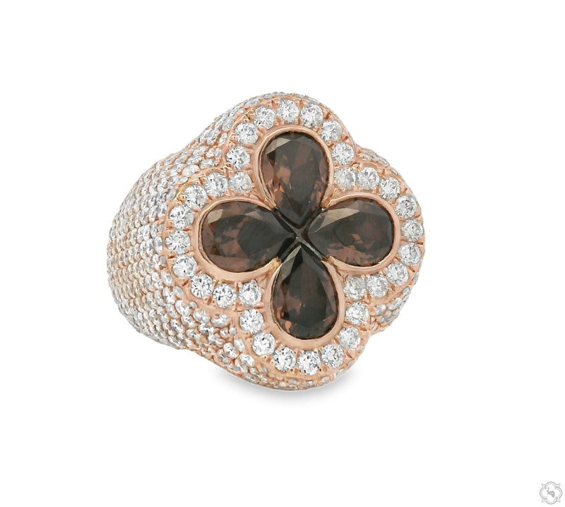 Rose gold ring with black ember quartz cross and surrounding small diamonds