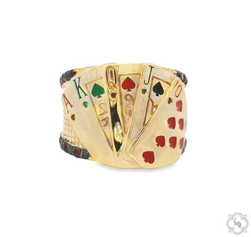 Gold playing card ring with King, Queen, Jack, 10, and 9 card designs and heart, spade, and club suits.