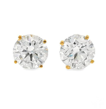 5 ct lab diamond stud earrings with yellow gold prong setting, classic round cut.