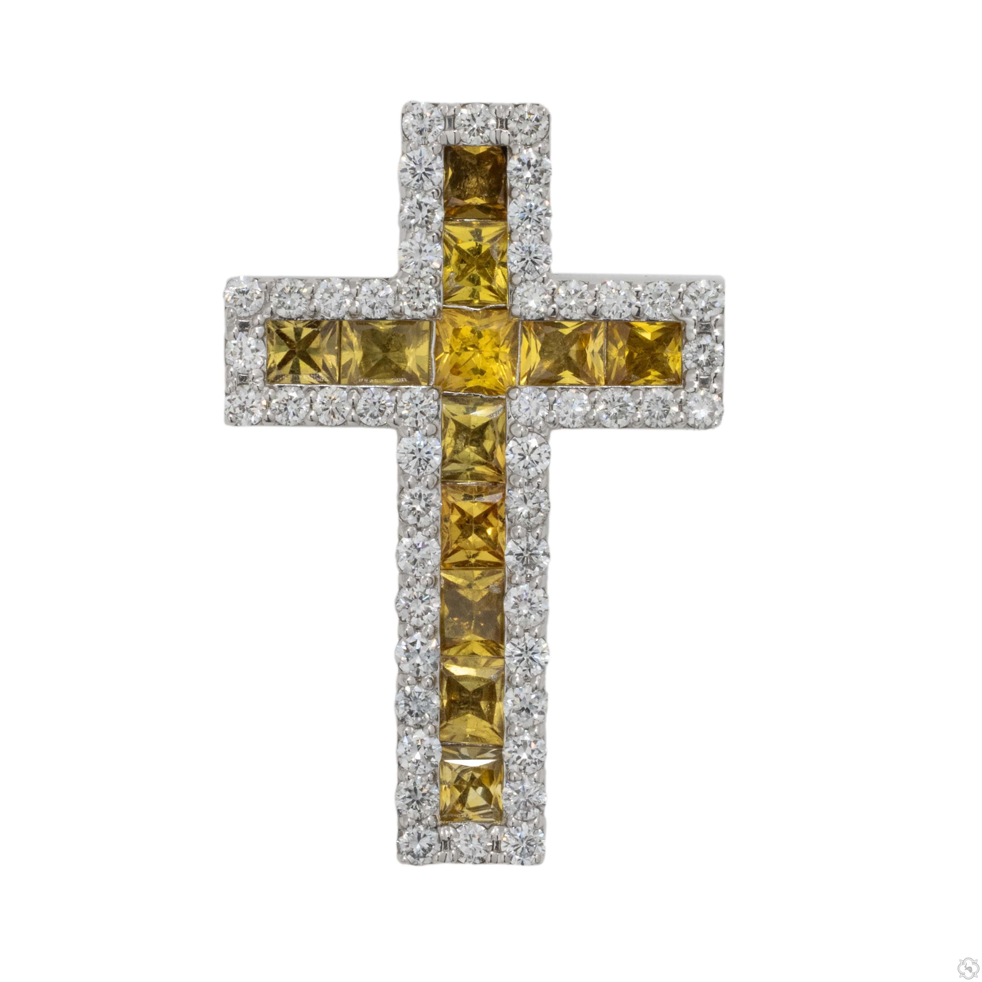 Golden Light Princess Cut Sapphire Diamond Cross 70424 | TraxNYC