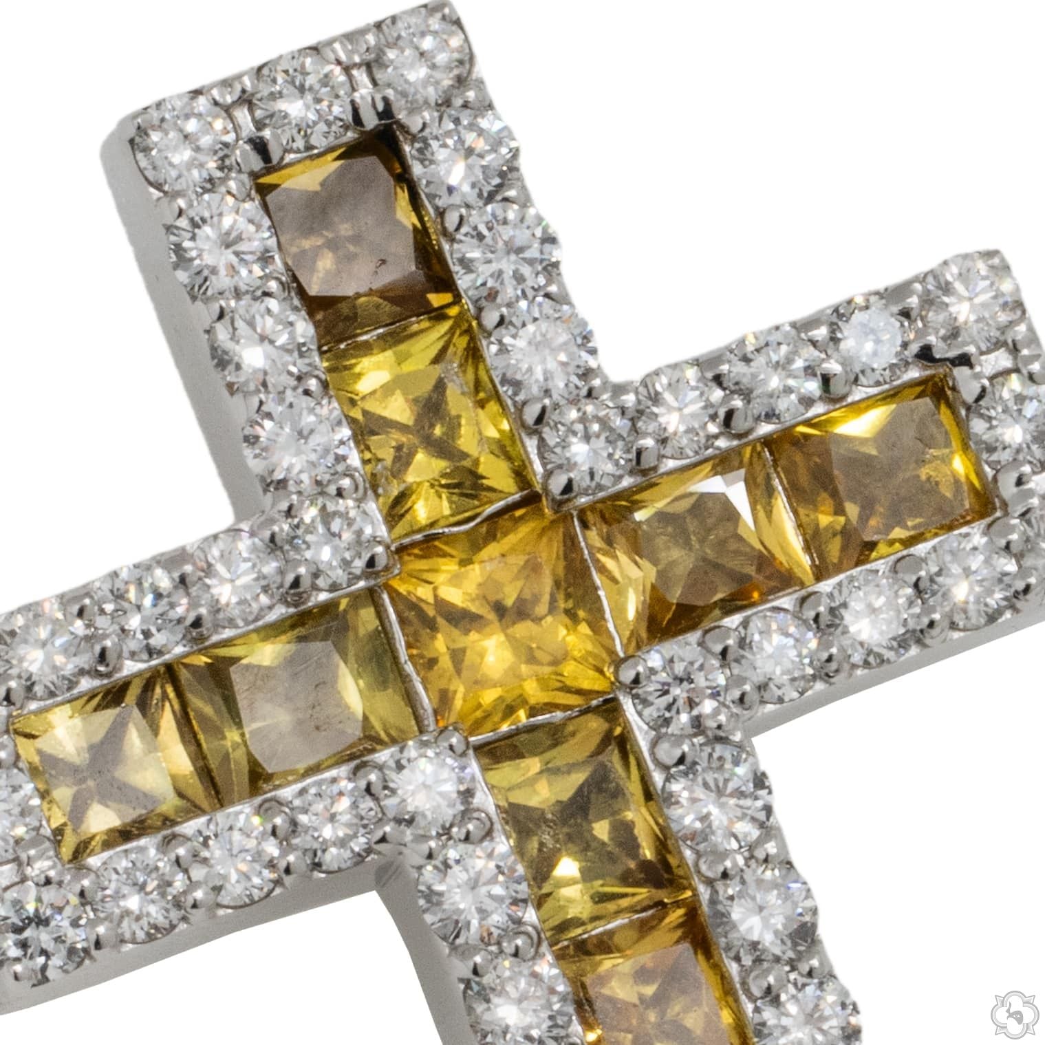 Golden Light Princess Cut Sapphire Diamond Cross 70424 | TraxNYC