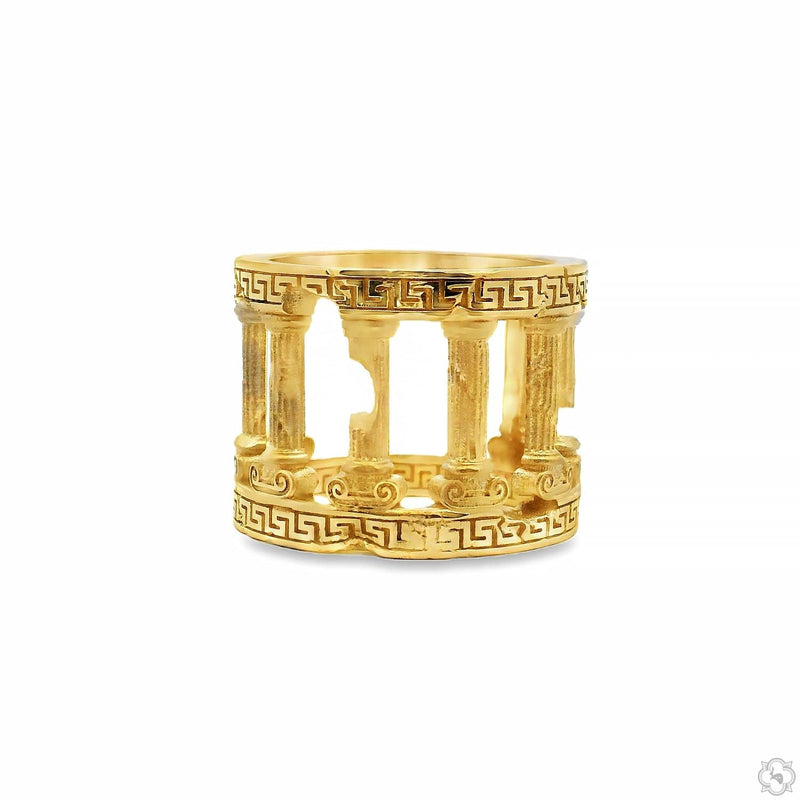 Yellow gold men's ring with Coliseum-inspired pillars and Greek key design edges