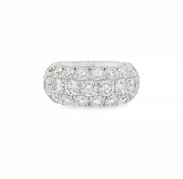 Wide white gold men's ring with three rows of sparkling round-cut diamonds.