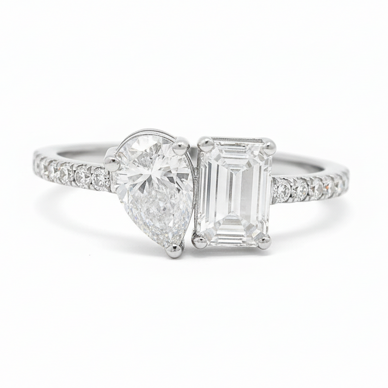 The Toi et Moi Emerald and Pear Engagement Ring in 14K gold, view 2