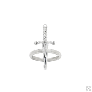 Silver ring featuring a detailed dagger design with a slender, pointed blade and textured handle.
