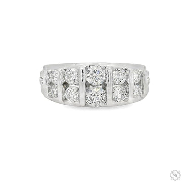 White gold band ring with double rows of round brilliant diamonds in custom setting.