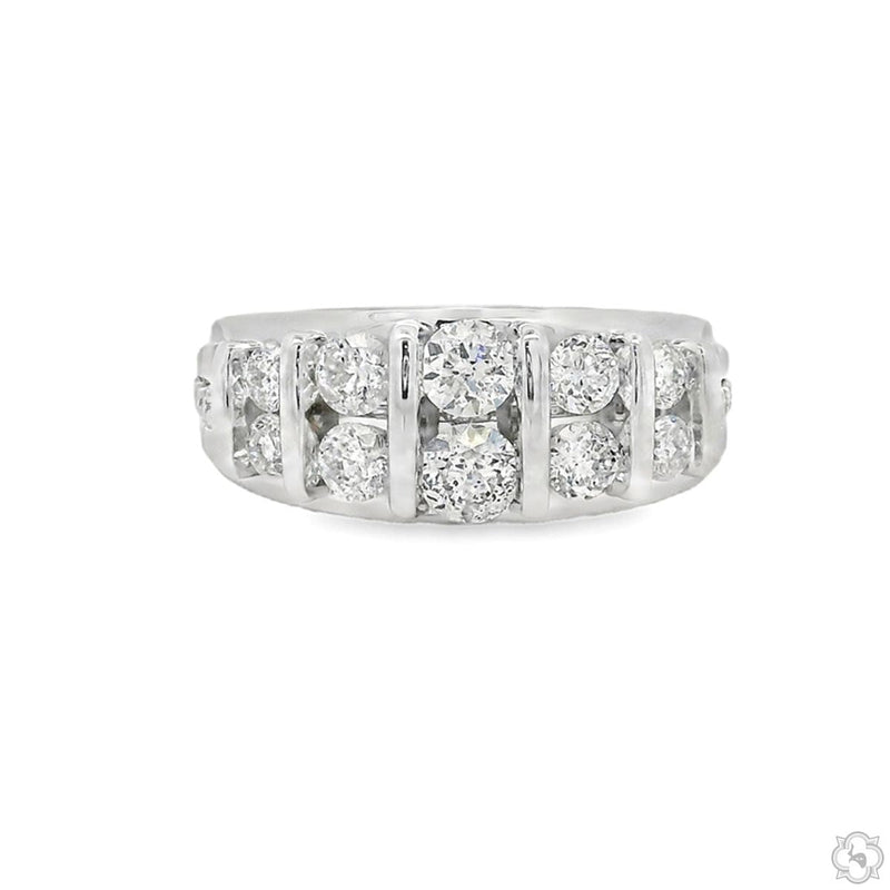 White gold band ring with double rows of round brilliant diamonds in custom setting