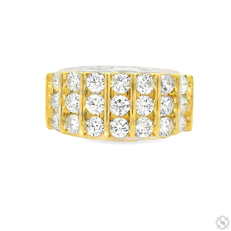 Yellow gold band ring with three rows of round sparkling diamonds