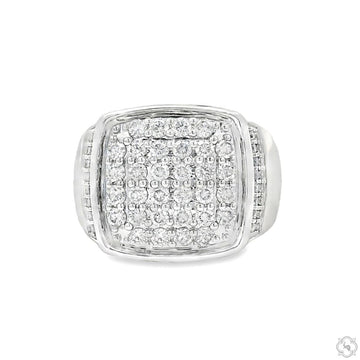 White gold men's ring with square diamond cluster and channel-set diamonds on band.