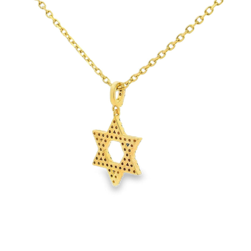 Yellow gold Star of David pendant necklace adorned with small diamonds on a delicate chain.