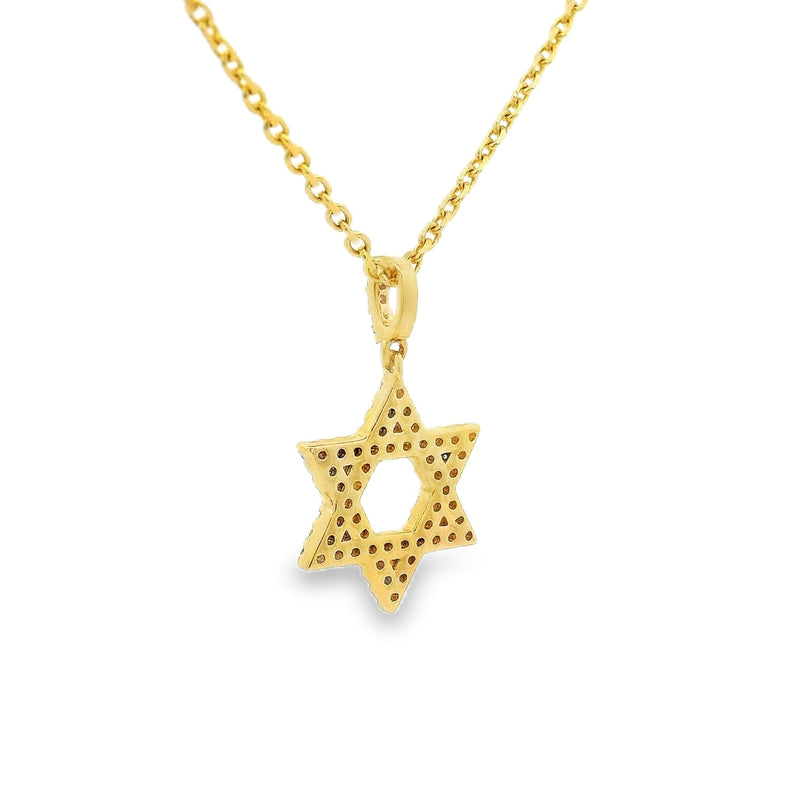 Yellow gold Star of David pendant necklace adorned with small diamonds on a delicate chain.