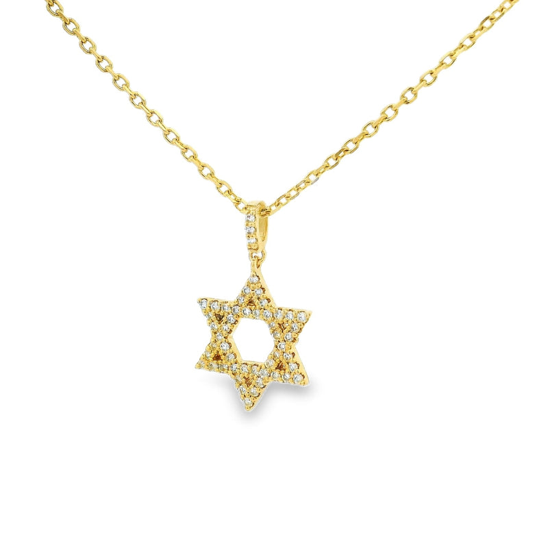 Yellow gold Star of David pendant necklace adorned with small diamonds on a delicate chain.