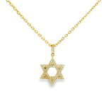 Yellow gold Star of David pendant necklace adorned with small diamonds on a delicate chain.