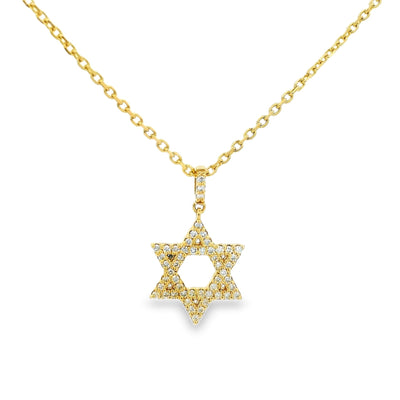 Yellow gold Star of David pendant necklace adorned with small diamonds on a delicate chain.