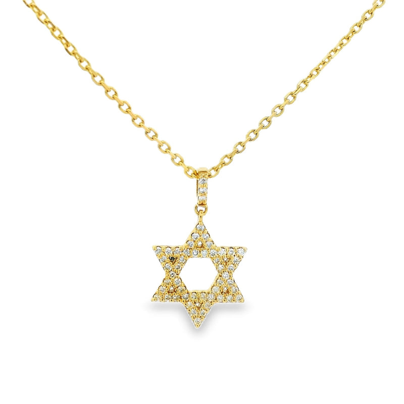 Yellow gold Star of David pendant necklace adorned with small diamonds on a delicate chain.
