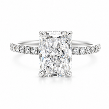 Radiant Diamond Engagement Ring in 14K gold with 2 carat radiant-cut lab grown diamond, hidden halo, and pavé diamond band