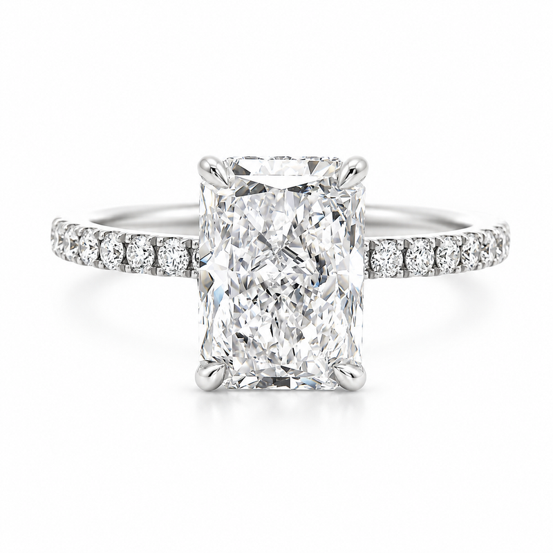 Radiant Diamond Engagement Ring in 14K gold with 2 carat radiant-cut lab grown diamond, hidden halo, and pavé diamond band