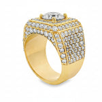 Yellow gold men's ring with large center diamond and multiple surrounding diamonds.