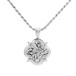 Silver rope chain necklace with intricate floral patterned pendant, limited edition design.