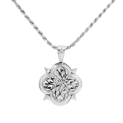 Silver rope chain necklace with intricate floral patterned pendant, limited edition design.