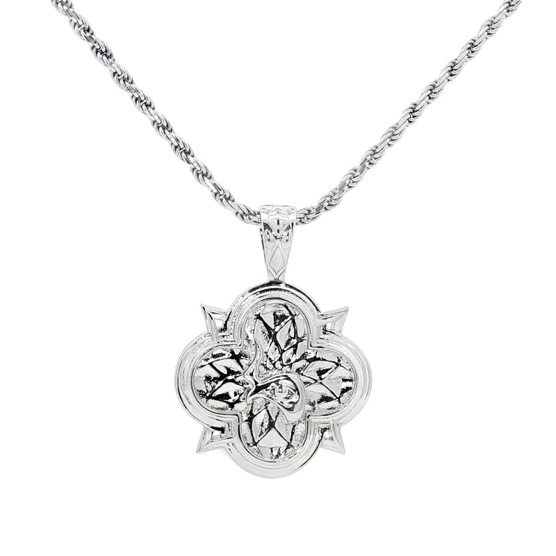 Silver rope chain necklace with intricate floral patterned pendant, limited edition design.