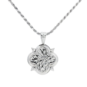 Silver rope chain necklace with intricate floral patterned pendant, limited edition design.