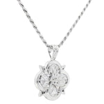 Silver rope chain necklace with intricate floral patterned pendant, limited edition design.