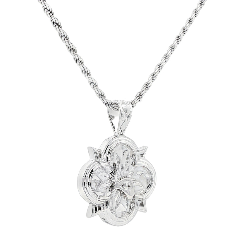 Silver rope chain necklace with intricate floral patterned pendant, limited edition design.
