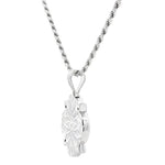Silver rope chain necklace with intricate floral patterned pendant, limited edition design.