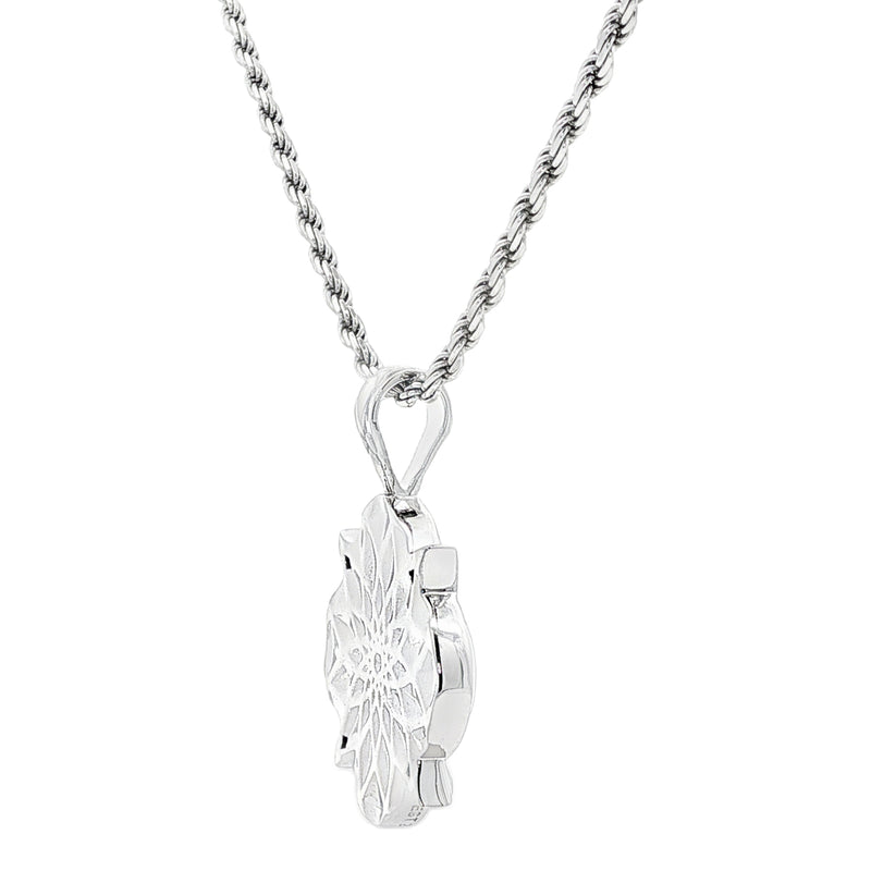 Silver rope chain necklace with intricate floral patterned pendant, limited edition design.
