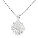 Silver rope chain necklace with intricate floral patterned pendant, limited edition design.