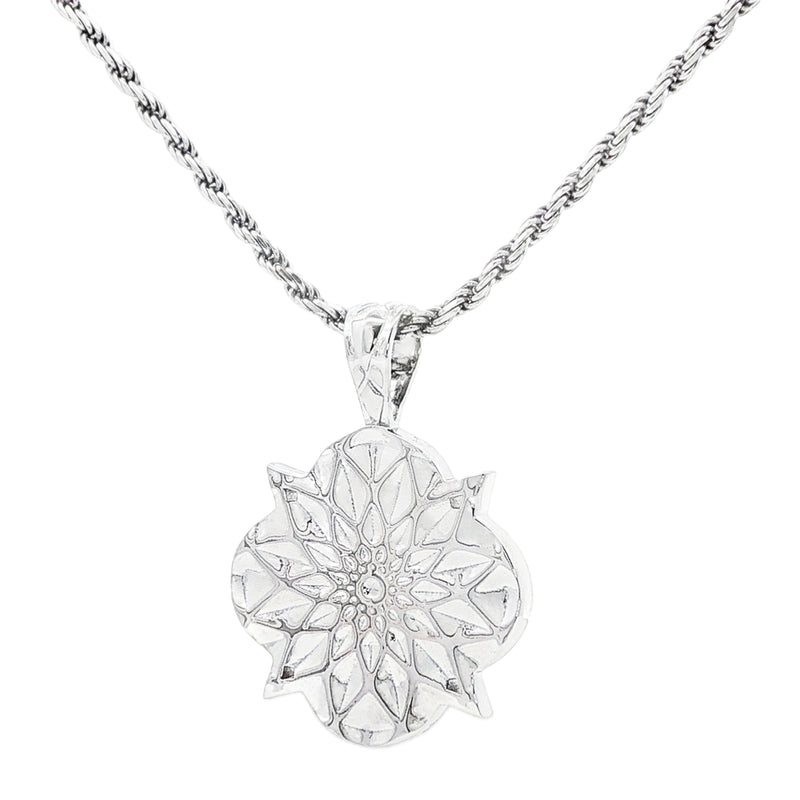 Silver rope chain necklace with intricate floral patterned pendant, limited edition design.