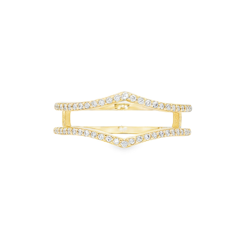 Yellow gold chevron ring enhancer with round diamonds and prong setting.