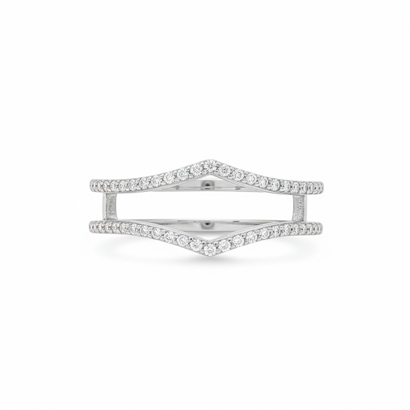 Yellow gold chevron ring enhancer with round diamonds and prong setting.