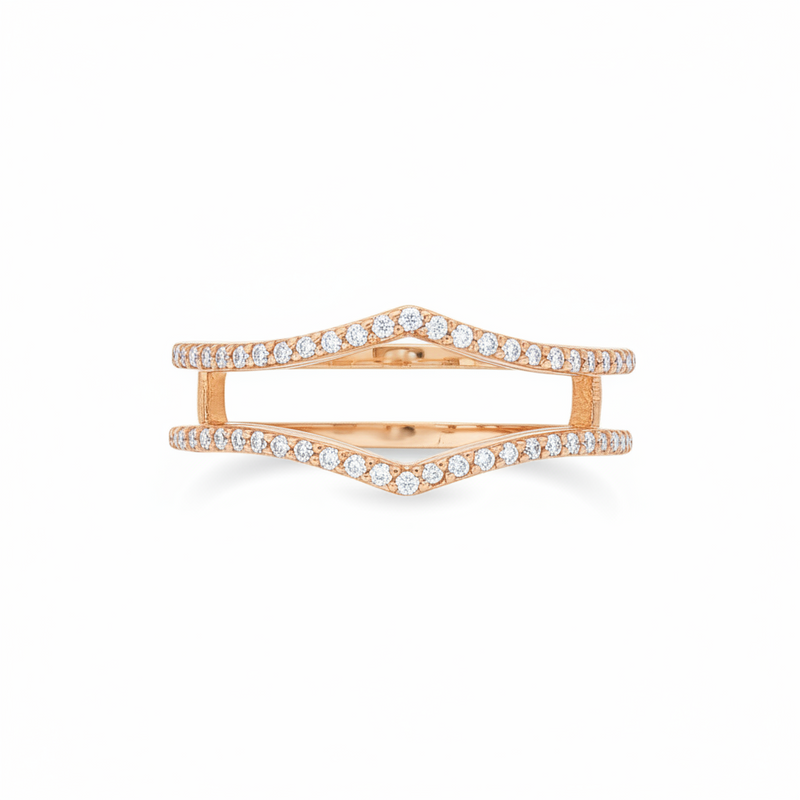 Yellow gold chevron ring enhancer with round diamonds and prong setting.
