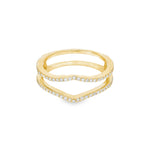 Yellow gold chevron ring enhancer with round diamonds and prong setting.