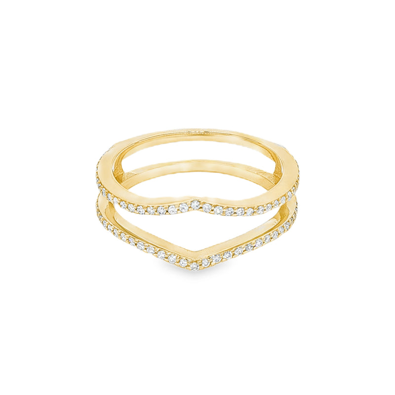 Yellow gold chevron ring enhancer with round diamonds and prong setting.