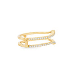 Yellow gold chevron ring enhancer with round diamonds and prong setting.
