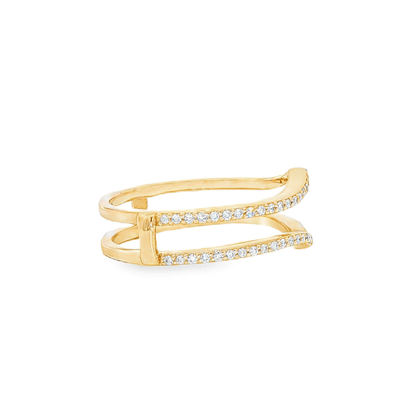 Yellow gold chevron ring enhancer with round diamonds and prong setting.