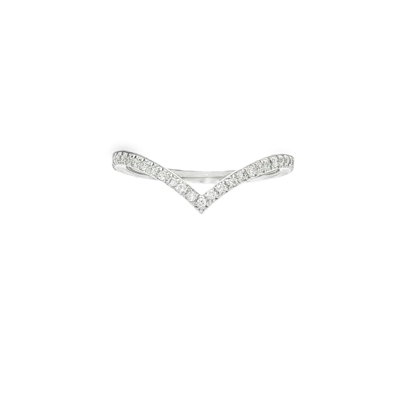 White gold wishbone wedding band with small diamonds in a curved design.