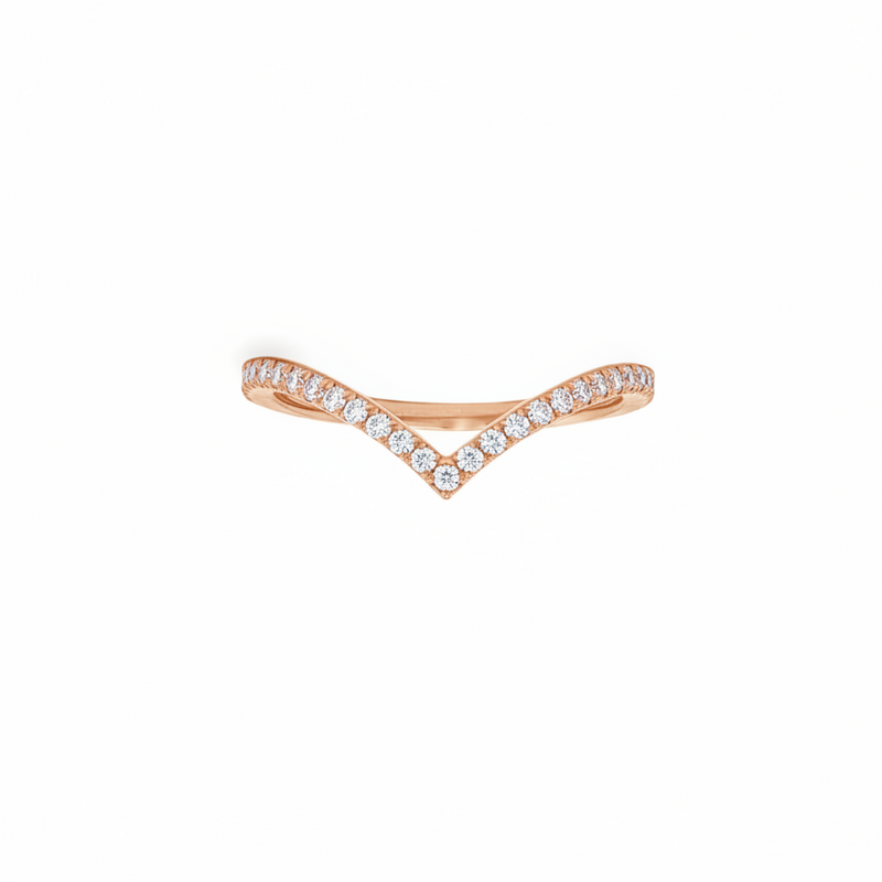 White gold wishbone wedding band with small diamonds in a curved design.